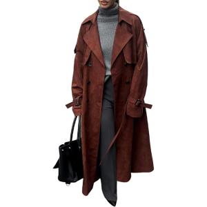 imagechouyatou Women Fall Faux Suede Leather Trench Coat Midi Long Double Breasted Winter Pea Coat OvercoatReddish Brown
