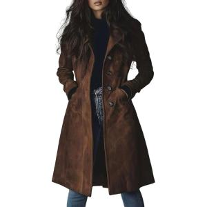 imagechouyatou Womens 2025 Fall Faux Suede Leather Trench Coat Casual Lapel Mid Long Blazer Jacket Coat with PocketsCoffee Brown