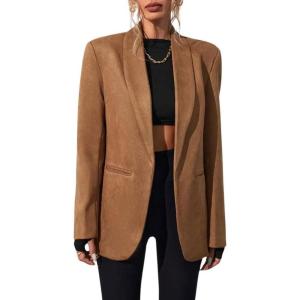 imagechouyatou Womens Fall 2025 Faux Suede Leather Jacket Shawl Collar Business Casual Blazer Jackets CoatBrown