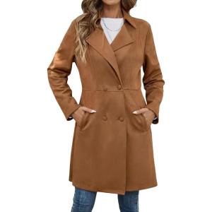 imagechouyatou Womens Fall Winter Faux Suede Leather Trench Coat Double Breasted Mid Long Button Down PeacoatBrown