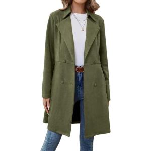 imagechouyatou Womens Faux Suede Leather Mid Long Trench Coat Double Breasted Dressy Casual Blazer Peacoat JacketArmy Green
