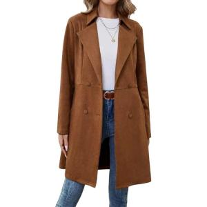 imagechouyatou Womens Faux Suede Leather Mid Long Trench Coat Double Breasted Dressy Casual Blazer Peacoat JacketBrown