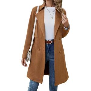 imagechouyatou Womens Faux Suede Leather Mid Long Trench Coat Double Breasted Dressy Casual Blazer Peacoat JacketKhaki