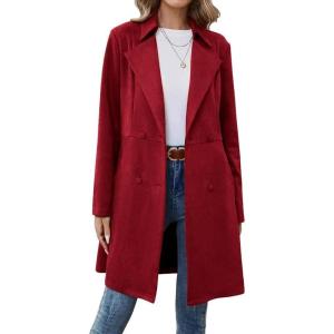imagechouyatou Womens Faux Suede Leather Mid Long Trench Coat Double Breasted Dressy Casual Blazer Peacoat JacketRed