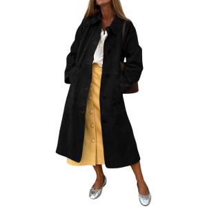 imagechouyatou Womens Single Breasted Faux Suede Trench Coat Long Suede Leather Jacket Casual Lapel Pea Coat OvercoatBlack