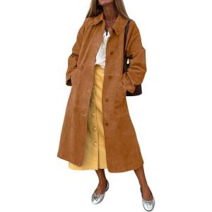 imagechouyatou Womens Single Breasted Faux Suede Trench Coat Long Suede Leather Jacket Casual Lapel Pea Coat OvercoatKhaki