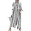imagechouyatou Womens Long Sleeve Striped Shirt Dress Business Casual Beach Maxi Long Button Down DressBlack