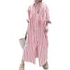 imagechouyatou Womens Long Sleeve Striped Shirt Dress Business Casual Beach Maxi Long Button Down DressRed