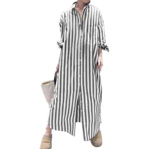 imagechouyatou Womens Long Sleeve Striped Shirt Dress Business Casual Beach Maxi Long Button Down DressBlack