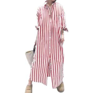 imagechouyatou Womens Long Sleeve Striped Shirt Dress Business Casual Beach Maxi Long Button Down DressRed