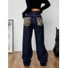imagechouyatou Womens Fleece Lined Jeans Wide Leg Baggy Winter Thermal Flannel Leopard Print Jean Denim PantsDark Blue