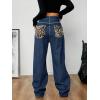 imagechouyatou Womens Fleece Lined Jeans Wide Leg Baggy Winter Thermal Flannel Leopard Print Jean Denim PantsRetro Blue