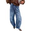 imagechouyatou Womens 2025 Vintage High Waisted Barrel Jeans Boyfriend Distressed Wide Leg Denim PantsBlue