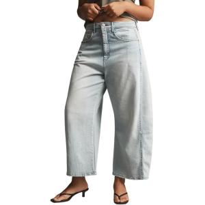 imagechouyatou Women Vintage Baggy Barrel Jeans Trendy Boyfriend High Waisted Wide Leg Crop Denim Ankle PantsLight Blue