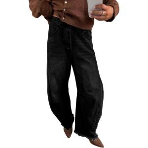 imagechouyatou Womens 2025 Vintage High Waisted Barrel Jeans Boyfriend Distressed Wide Leg Denim PantsBlack