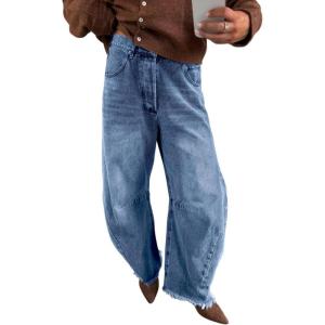 imagechouyatou Womens 2025 Vintage High Waisted Barrel Jeans Boyfriend Distressed Wide Leg Denim PantsBlue