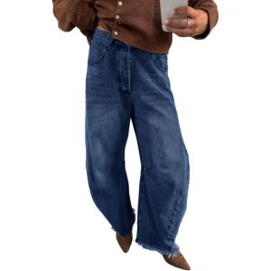 imagechouyatou Womens 2025 Vintage High Waisted Barrel Jeans Boyfriend Distressed Wide Leg Denim PantsDark Blue