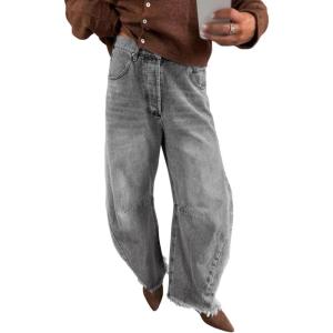 imagechouyatou Womens 2025 Vintage High Waisted Barrel Jeans Boyfriend Distressed Wide Leg Denim PantsGrey