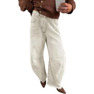 imagechouyatou Womens 2025 Vintage High Waisted Barrel Jeans Boyfriend Distressed Wide Leg Denim PantsIvory
