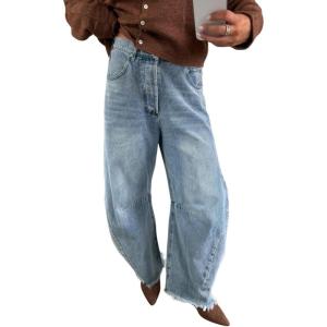 imagechouyatou Womens 2025 Vintage High Waisted Barrel Jeans Boyfriend Distressed Wide Leg Denim PantsLight Blue