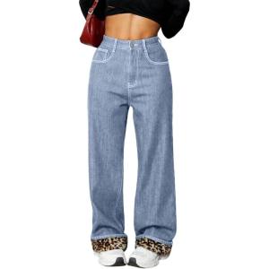 imagechouyatou Womens Fleece Lined Jeans Wide Leg Baggy Winter Thermal Flannel Leopard Print Jean Denim PantsLight Blue