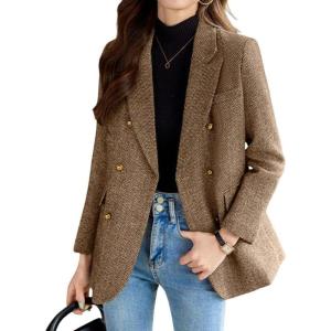 imagechouyatou Womens Herringbone Double Breasted Wool Coat Dressy Casual Blazer Peacoat Jacket OvercoatCoffee