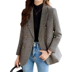 imagechouyatou Womens Herringbone Double Breasted Wool Coat Dressy Casual Blazer Peacoat Jacket OvercoatGray