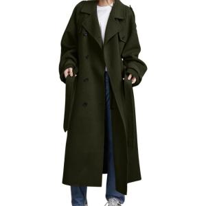 imagechouyatou Womens Winter Double Breasted Wool Coat Long Sleeve Notch Lapel Midi Long Winter Trench Coat with BeltArmy Green