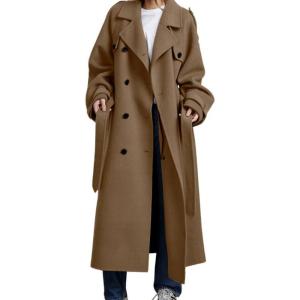 imagechouyatou Womens Winter Double Breasted Wool Coat Long Sleeve Notch Lapel Midi Long Winter Trench Coat with BeltDark Camel
