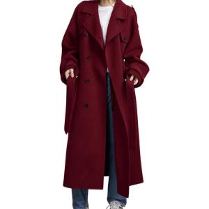 imagechouyatou Womens Winter Double Breasted Wool Coat Long Sleeve Notch Lapel Midi Long Winter Trench Coat with BeltRed