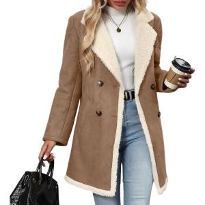 imagechouyatou Womens Winter Notch Lapel Double Breasted Peacoat Sherpa Fleece Lined Faux Suede Jacket Coat XLargeCoffee
