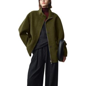 imagechouyatou Womens Winter Stand Collar Wool Trench Coat Zip Up Dressy Casual Short Pea Coat Overcoat with PocketsArmy Green