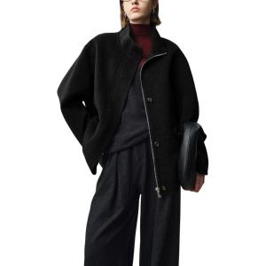 imagechouyatou Womens Winter Stand Collar Wool Trench Coat Zip Up Dressy Casual Short Pea Coat Overcoat with PocketsBlack