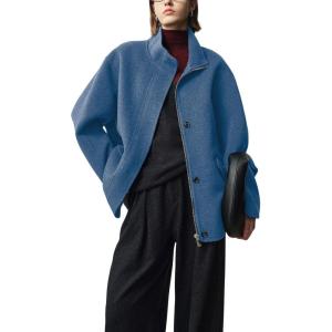 imagechouyatou Womens Winter Stand Collar Wool Trench Coat Zip Up Dressy Casual Short Pea Coat Overcoat with PocketsBlue