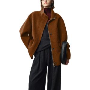 imagechouyatou Womens Winter Stand Collar Wool Trench Coat Zip Up Dressy Casual Short Pea Coat Overcoat with PocketsBrown