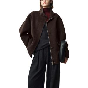 imagechouyatou Womens Winter Stand Collar Wool Trench Coat Zip Up Dressy Casual Short Pea Coat Overcoat with PocketsCoffee