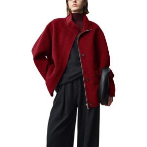 imagechouyatou Womens Winter Stand Collar Wool Trench Coat Zip Up Dressy Casual Short Pea Coat Overcoat with PocketsRed