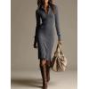 imagechouyatou Womens Fall Ribbed Knit Sweater Dress Button Up Polo Collar Long Sleeve Bodycon Midi Long DressesGray