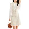 imagechouyatou Women Elegant Tweed Plaid Bow Tie Neck Chiffon Dress Long Sleeve Business Casual Midi Suit DressApricot