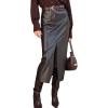 imagechouyatou Womens 2025 Fall Faux Leather Midi Long Skirt High Waisted Split Front Winter Bodycon SkirtBlack