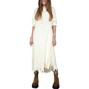 imagechouyatou Women 2025 Fall Twofer Sweater Dress with Lace Trim Slip Dress 2 Piece Sweater Sets Winter OutfitsBeige