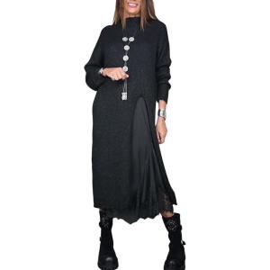 imagechouyatou Women 2025 Fall Twofer Sweater Dress with Lace Trim Slip Dress 2 Piece Sweater Sets Winter OutfitsBlack