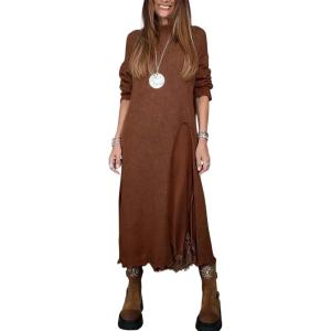 imagechouyatou Women 2025 Fall Twofer Sweater Dress with Lace Trim Slip Dress 2 Piece Sweater Sets Winter OutfitsBrown