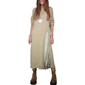 imagechouyatou Women 2025 Fall Twofer Sweater Dress with Lace Trim Slip Dress 2 Piece Sweater Sets Winter OutfitsKhaki