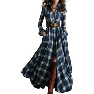 imagechouyatou Womens 2025 Winter Fall Plaid Shirt Dress Long Sleeve Button Down Maxi Long Tunic DressBlue
