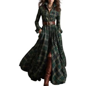 imagechouyatou Womens 2025 Winter Fall Plaid Shirt Dress Long Sleeve Button Down Maxi Long Tunic DressGreen