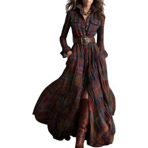 imagechouyatou Womens 2025 Winter Fall Plaid Shirt Dress Long Sleeve Button Down Maxi Long Tunic DressRed