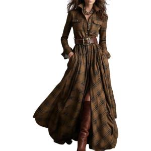 imagechouyatou Womens 2025 Winter Fall Plaid Shirt Dress Long Sleeve Button Down Maxi Long Tunic DressYellow