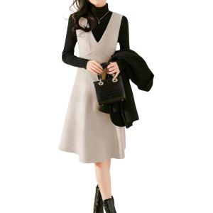 imagechouyatou Womens Fall Winter Wool Tank Dress Overall A Line Flare Pinafore Zip Up Dressy Midi Jumper DressApricot