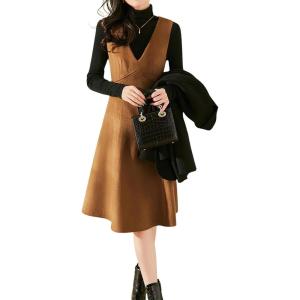 imagechouyatou Womens Fall Winter Wool Tank Dress Overall A Line Flare Pinafore Zip Up Dressy Midi Jumper DressBrown